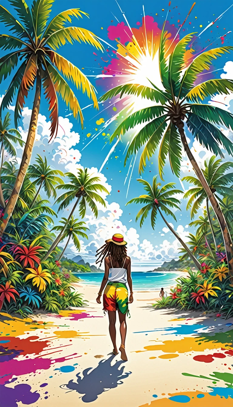 Vector art, Lots of Jamaican Reggae, Authentic Jamaican reggae music atmosphere,Color illustrations, in the center, Vibrant colors, Paint splatters and stains, High detail,
Palm tree,beach,遠くのbeachで演奏しているレゲイのバンド、Humans are small