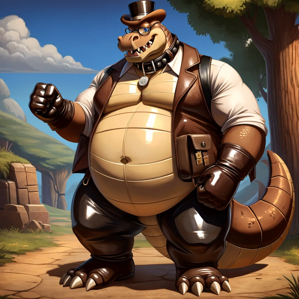 Solo, Male, fat, extremely obese, gentleman, dapper Professor Dingodile, blue eyes, (posing:1.3), (soft shading), 4k, hi res, ((detailed face, detailed)), looking at viewer, mouth wide open, steampunk, collared shirt with ons, top hat, male focus, Explorer Outfit, glasses, monocle, bag, vest with butt backpack, sleeves rolled up, round eyewear, brown headwear, brown vest, Dingodile is wearing a glossy leather dog collar around the neck, Dingodile is wearing the leather collar and shirt and vest at the same time, Dingodile is wearing glossy white rubber gloves on the hands, wearing white rubber gloves on the feet, gloves are rubber in texture, clenching teeth, clenching fists, leather collar is glossy and shiny with a lot of detail, Dingodile is wearing gloves and leather collar at the same time, leather collar has a round dog-tag, leather collar is thick and detailed.