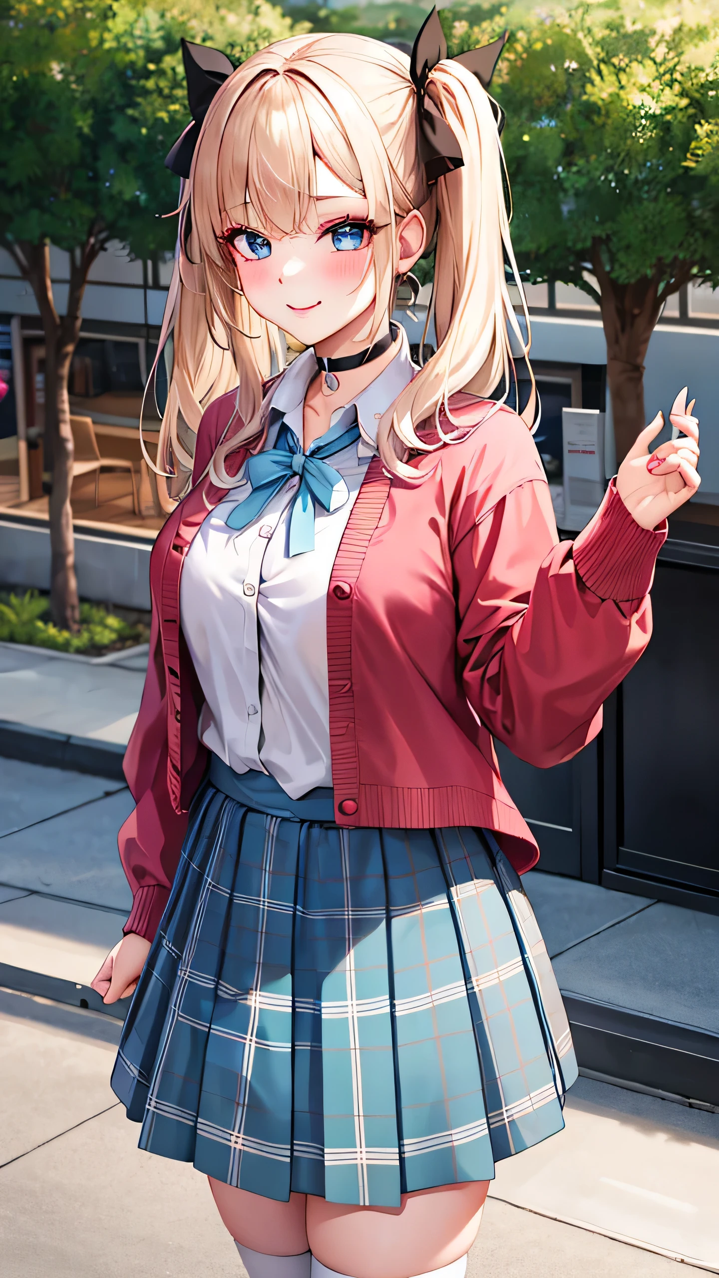 1girl, solo focus, young women, skin imperfection, light white skin, perfect face, puffy face, beautiful face, puffy eyes, blue eyes, big eyes, perfect eyes, eyelashes, long platinum blonde hair, bangs, makeup, blush, blush nose, glitter makeup on eyes, detailed anime soft face, pink clothes, highres, twintails, hair ribbon, long sleeves, red bow, pink cardigan, white thighhighs, plaid skirt, red ribbon, black choker, , open shirt, outdoors, cowboy shot, standing, smile, hands behind back