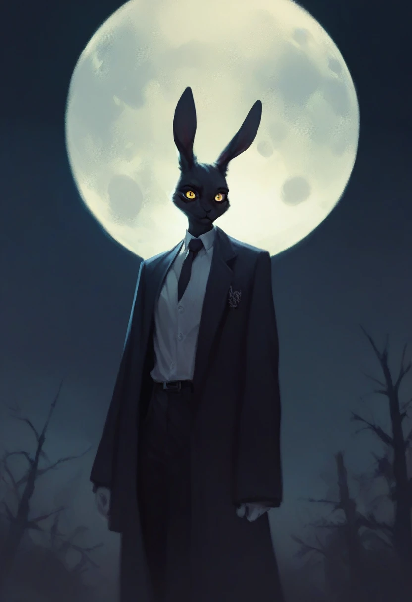 black furry bunny standing under the moonlight wearing a suit and has glowing yellow eyes , dark background, high detail, no light, woods landscape in the middle of the night, mistic, full moon, moonlight, (flat shading:1.2), (minimalist:1.4)
creepy bunny, evil