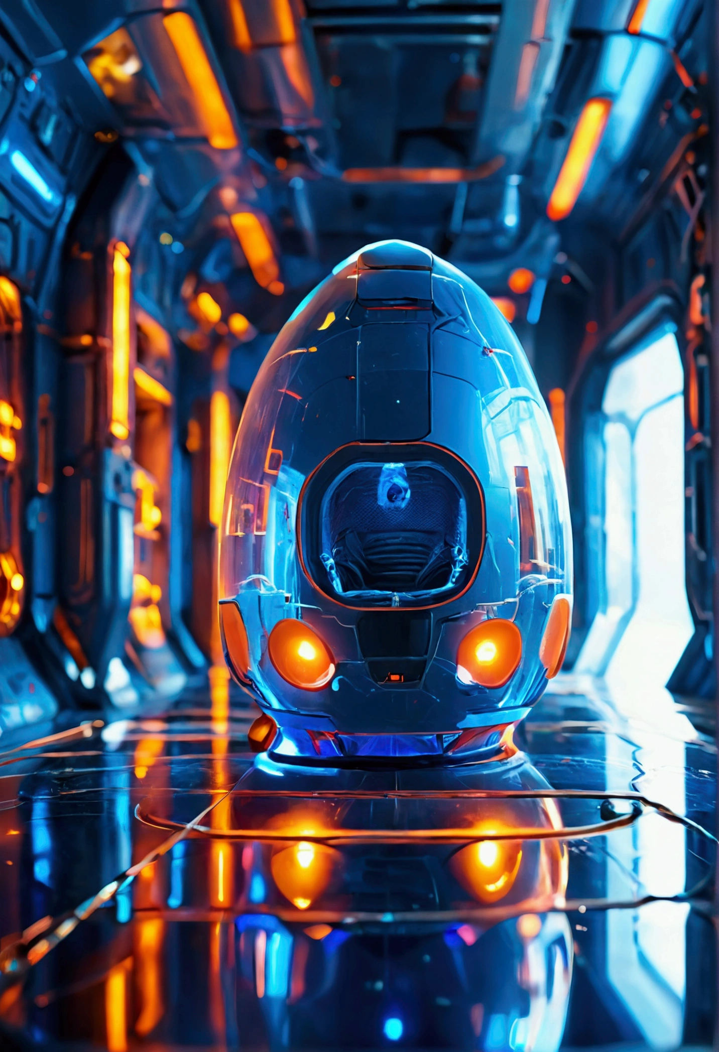 a futuristic blue human capsule in a mysterious room