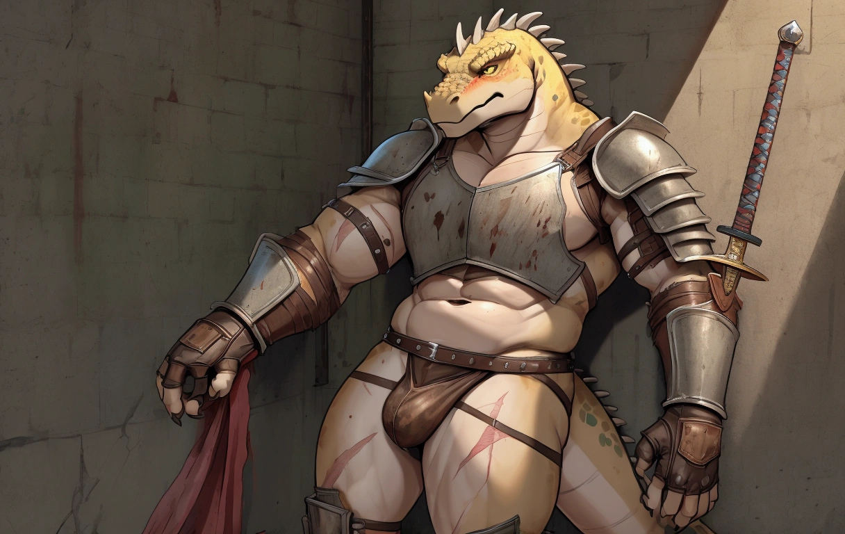 Solo Sexy young anthro scalie reptile dragon male mercenary medieval solider, tall and slim slimin hips muscular, anthro handsome gay shorter muzzle, handsome gay model male apperance, sword scars, worn out leather skimpy armament, low on hips heavy leather belt, old very worn out skimpy dirty linen material jockstrap, old yellow dirty worn out stains on white sawn jockstrap, very visible "x" brown seam pattern on the jockstrap, studded skimpy armlets breastplate armor, skimpy breastplate, leather bondages, fingerless leather gloves, blooded sword, blooded armor, blooded husk, smelly unwashed husk, dirty body look,