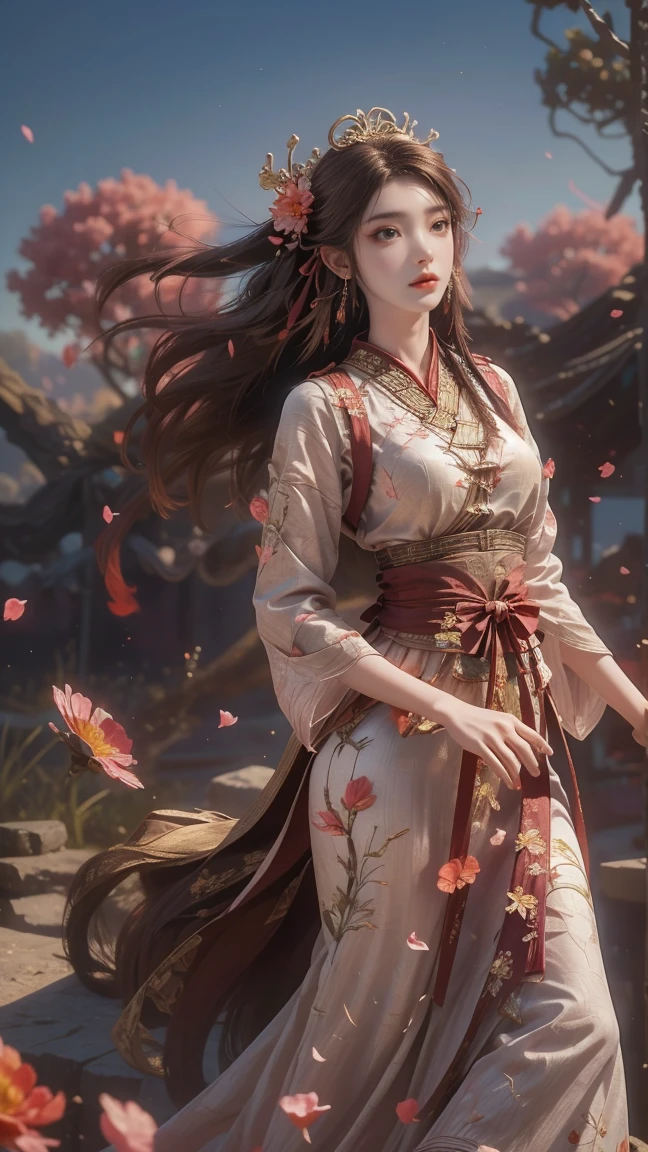 A beautiful woman with perfect curves wearing a long dress that gently flutters in the air,The beautiful woman was standing in a sea of beautiful flowers surrounding her, Chinese traditional, her flexible body increasing with every movement, So enchanting, the dim candlelight, the glowing butterflies fighting the darkness of the night, the light of the moon, The night wind blowing the curtains, the pink flower petals , flower petals flying around the room, Chinese dancing, This woman is so beautiful that she attracts everyone who watches her, ancient China, imperial empress