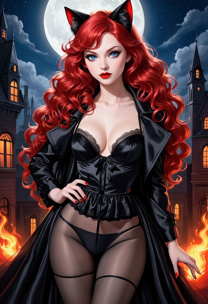 A European and American vampire beauty,Beauty Model,Cat ears,Hot and sexy body,thin,Thin legs,Long legs,Enchanting and charming, very long puffy curly red hair ,Flaming red lips,Wear black,Black tulle bra,Silk Tulle Coat,Black tulle belly wrap,Black silk pantyhose ,Delicate face,blue eyes