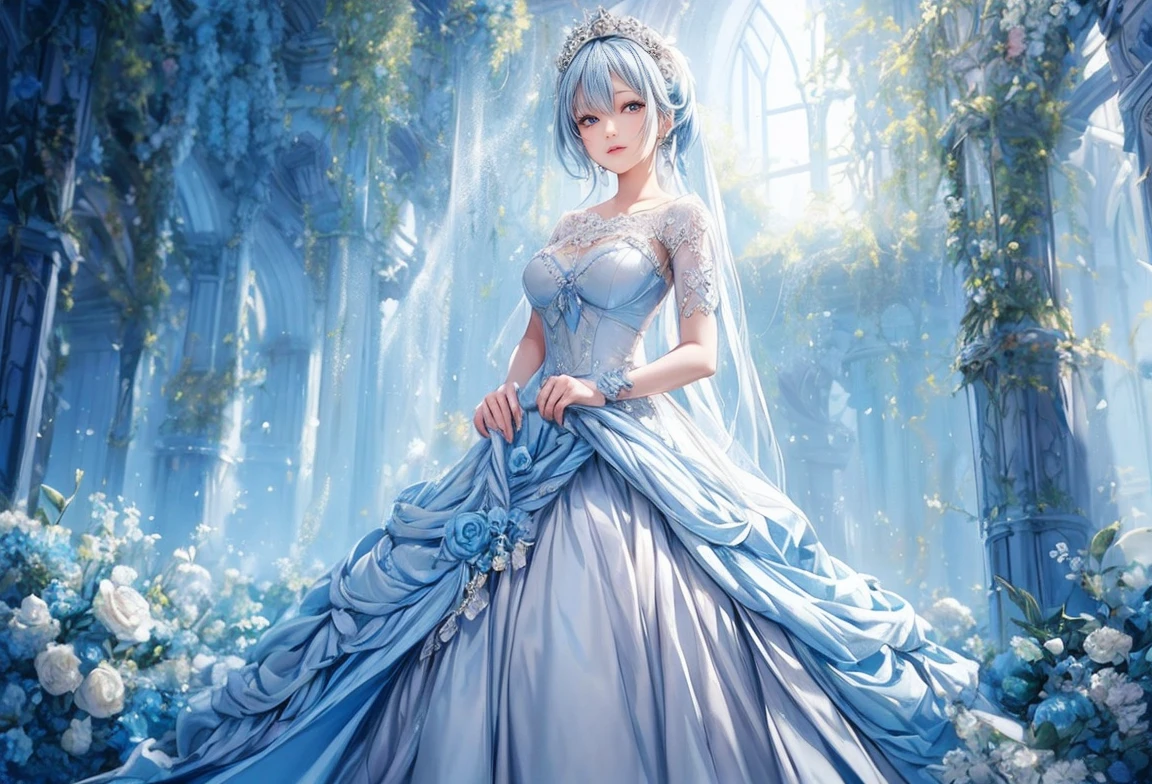 masterpiece, a beautiful woman, oil paintings, a beautiful dress, fantasy, light blue hair,