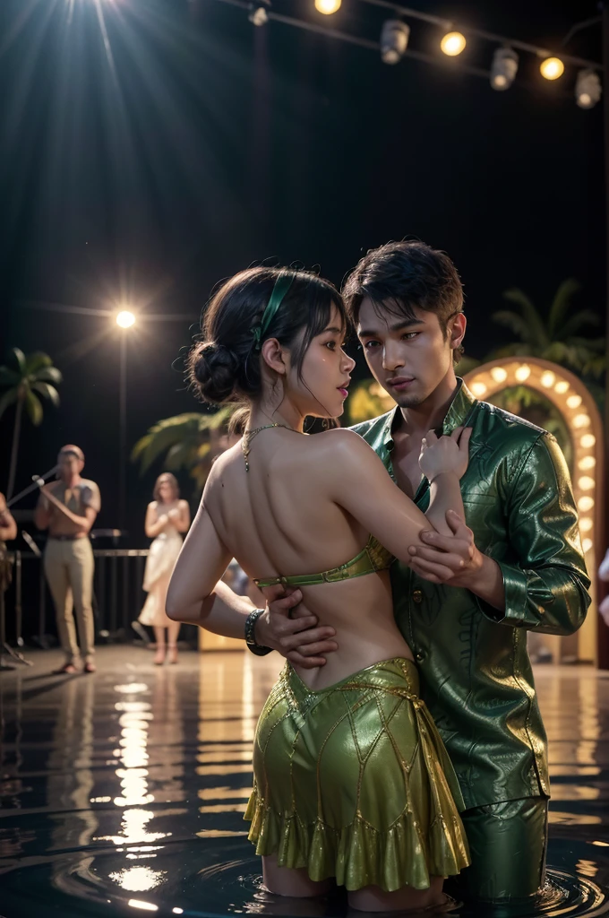 ((masterpiece)), (reflections/refraction/subsurface scattering/intricate details), Nvidia RTX|octane render|midjourney|stable diffusion, a lovely cute group of babies crocodiles playing, dancing and singing salsa, bachata and folk for the public audience in a great concert, dressed in Hawaiian style, sunrise day light, holiday settings