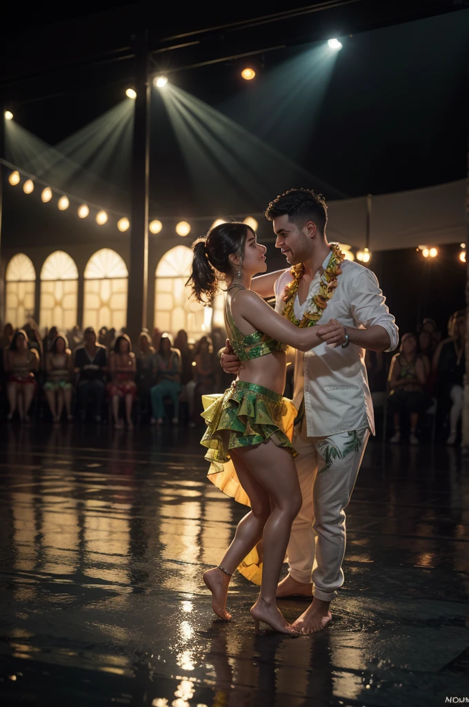 ((masterpiece)), (reflections/refraction/subsurface scattering/intricate details), Nvidia RTX|octane render|midjourney|stable diffusion, a lovely cute group of babies crocodiles playing, dancing and singing salsa, bachata and folk for the public audience in a great concert, dressed in Hawaiian style, sunrise day light, holiday settings