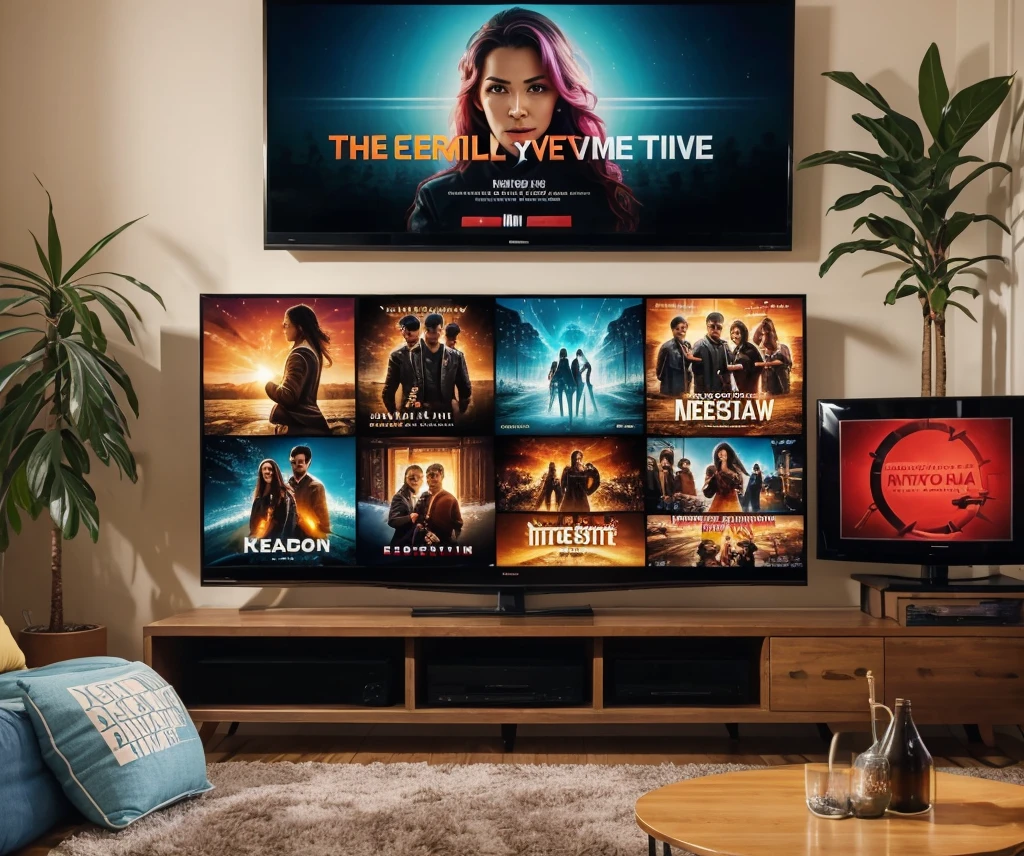 Create a dynamic collage that captures the essence of streaming entertainment. Feature a cozy living room scene with a diverse group of friends and family engaged in watching a movie on a large TV. Include multiple screens displaying different streaming genres (like action, romance, and documentaries). Add vibrant colors, elements like popcorn and drinks, and subtle hints of streaming service logos in the background. Overlay the text “The New Era of Streaming Entertainment” in a stylish, modern font that stands out.