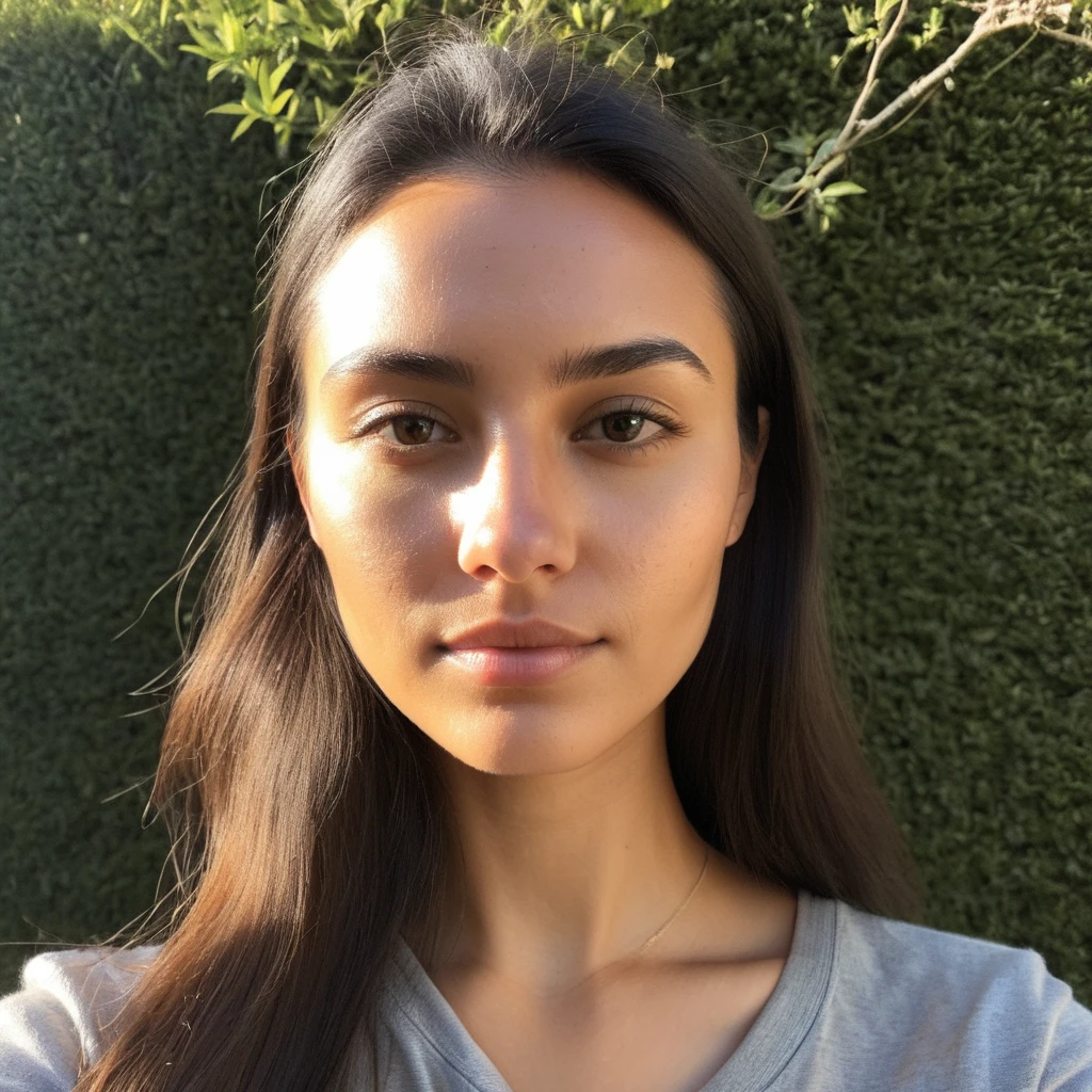 (front facing camera),(Texture de la peau, pores, naturel,iPhone,brut)), bright and sunny lighting, Full body photo&#39;a woman with her hair styled to the side and wearing a ((tight)) elastic top with long sleeves and straps,regardant droit vers la caméra, nikon z9, Realistic matte skin,blurred landscape with green trees and grassy hills in the background,  