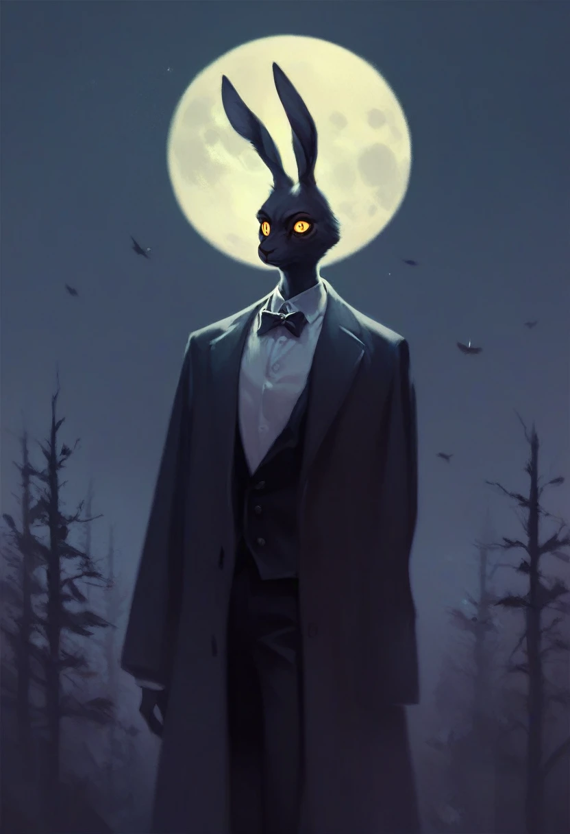 black furry bunny standing under the moonlight wearing a suit and has glowing yellow eyes , dark background, high detail, no light, woods landscape in the middle of the night, mistic, full moon, moonlight, (flat shading:1.2), (minimalist:1.4)
creepy bunny, evil