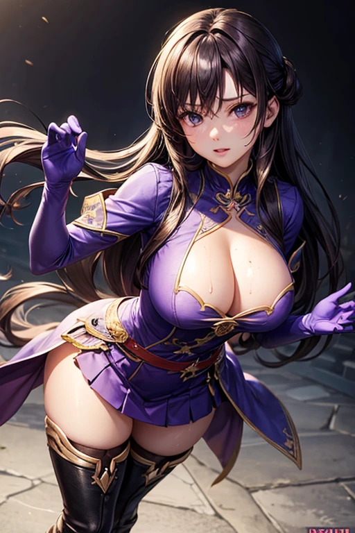 masterpiece, Highest quality,  Unreal Engine,  Super Resolution,  Very detailed, 

1 Girl, MALARIYA, Quiz Magic Academy West,  thin,  (Muscular:0.8), Round Breasts,  Big Breasts,  bold,  Lips parted,  Observe the audience, 

Are standing, sexy pose,  Waist shot, 

Simple background anime style,  Key Visual, 

Malaria,  Purple long hair, Purple Dress, dress skirt, Purple long gloves, Black long boots, Sticky with sweat,