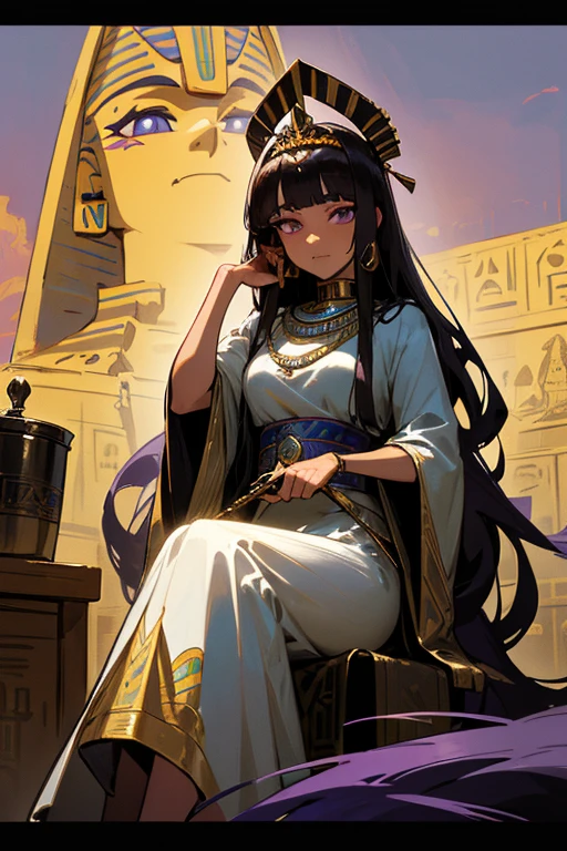 (Highly detailed face, Bold eyeliner), (Gothic fantasy illustration & ukiyo-e & Comic art), (Dark-haired middle-aged woman, Blunt bangs, Very long messy hair and dark brown skin, Lavender eyes), (The Desert Queen holds a tin cane in her hand, Wearing a gauze mask and a sapphire tiara, Colorful, A gorgeous dress decorated with jewels and precious metals, like that of an Egyptian king., Sandals), break (She sat down facing the Sphinx、I&#39;m looking down at you in a bold pose under the bright red moon and sparkling stars), break (In the background you can see the vast red desert and pyramids.。)