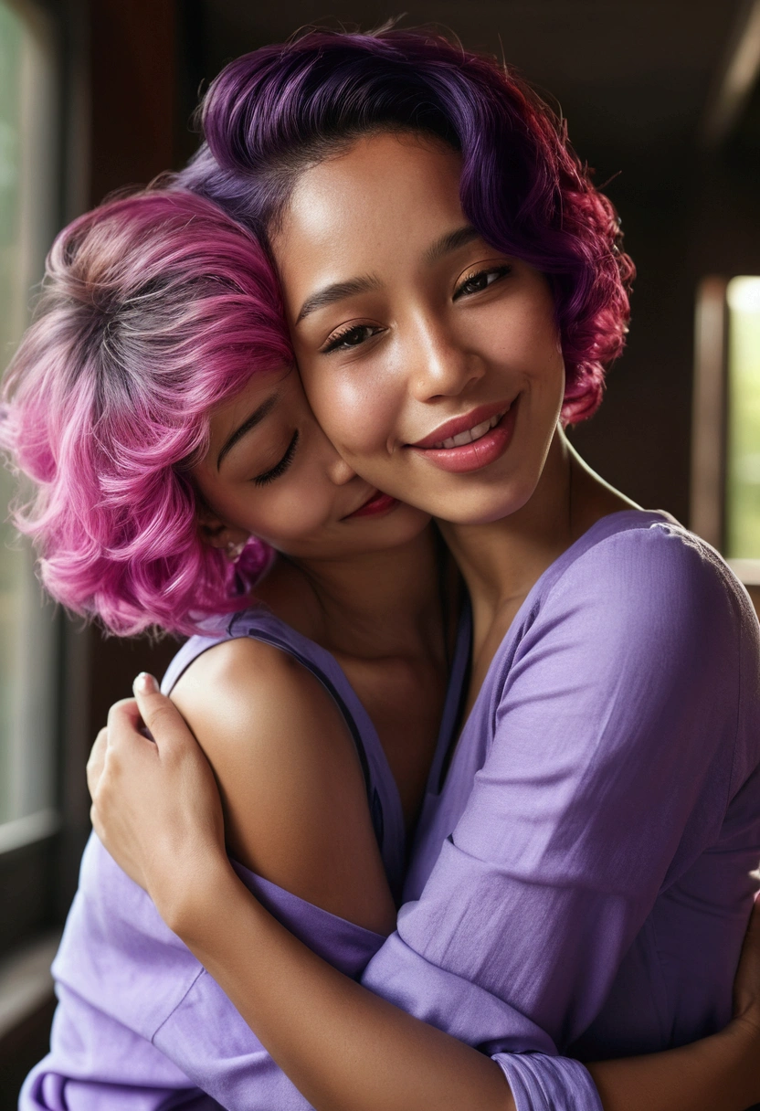 Alone, (Casual clothes, Women), Two-color hair (pink and violet) hugging herself, happy, seductive face, Red lips, shiny brown skin, dents in the skin, Best Quality, ultra high resolution, (realism: 1.4),