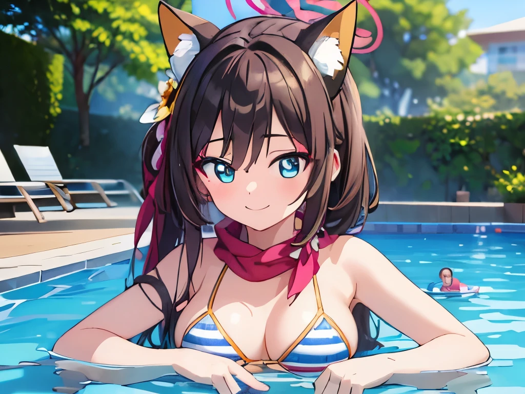 ((masterpiece)), ((best quality)), (ultra-detailed), anime style, pool, a cute girl, 1girl, solo, ((beautiful eyes)), smile, bikini00,