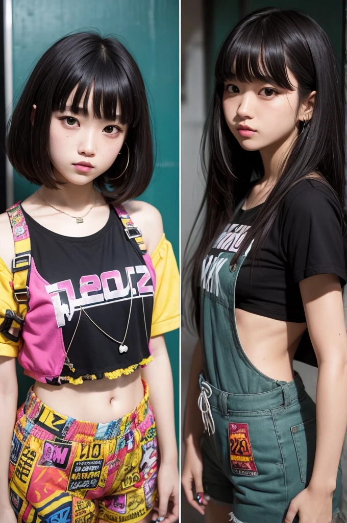 👭, 2thai girl, pale_skin, random color hair, double ponytails, black smoky eyes, black eyes liner, black lips, punk girl, oversized orange shirt, bottomless, random basic pose, against random epic background