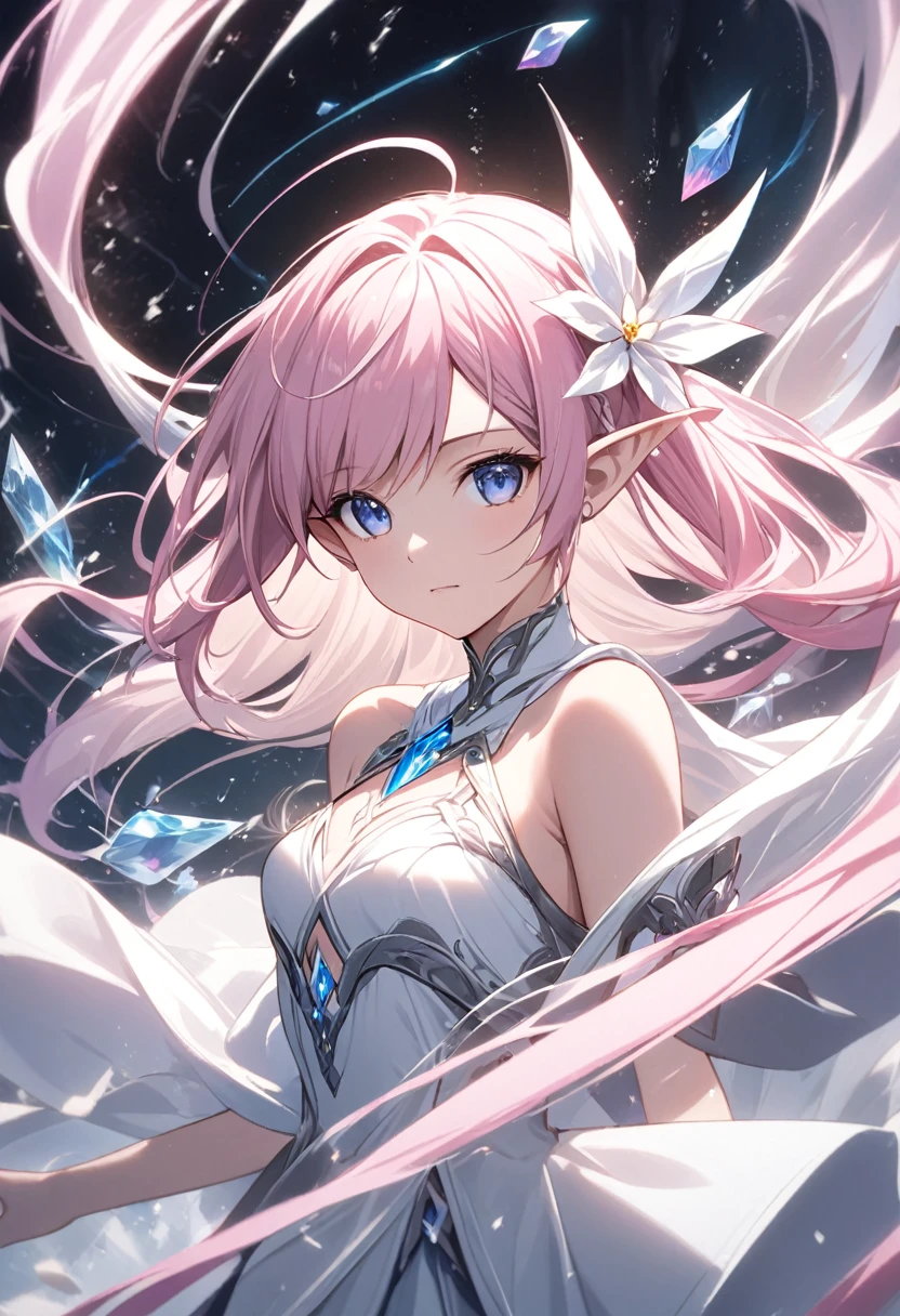 (masterpiece, Highest品質, Highest, Official Art, beautifully、beautiful, Long exposure: 1.2), Smooth movement, Attractive patterns, 1 Girl, (Long dress with sleeves: 1.3), (((White clothes) )), Upper Body close-up, Bare shoulders, Chinese Girl, Lilia, A girl with long pink hair, blue eyes, a white dress with black lace, a big pink ribbon on her chest, a white flower hair ornament around her right ear. , Portraiture, alone, Upper Body, Looking at the observer, Detailed Background, Detailed face, (Crystal AI, Crystal Theme:1.1), Elemental Wind Elf, Rotating wind, Controlling the wind, White crystal clothes, Dynamic pose, Suspended particles, Mysterious Mechanism, whirlwind, vapor, whirlwind in the background, White Tone, whirlwind, Ethereal atmosphere,