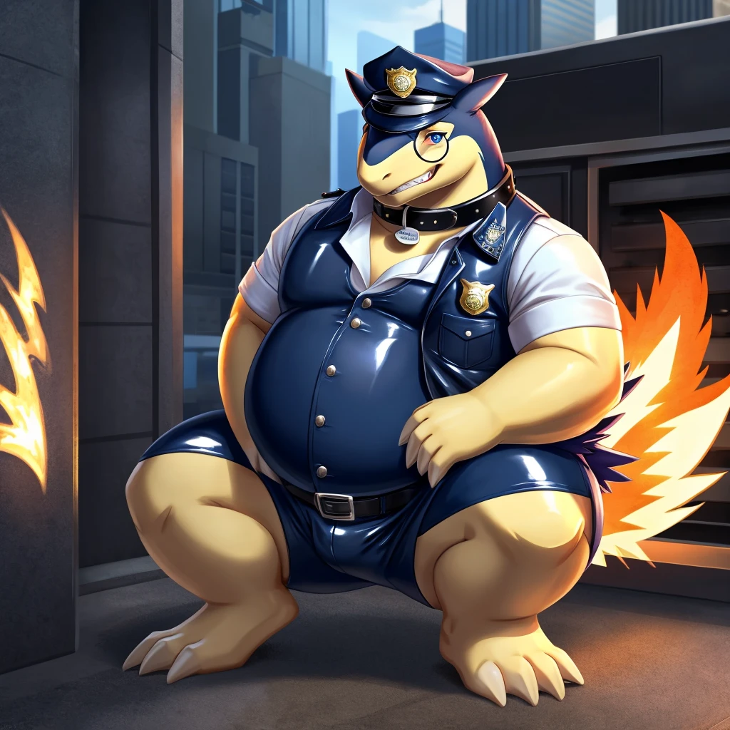 Solo, Male, fat, squatting, extremely obese, gentleman, dapper Typhlosion, blue eyes, (soft shading), 4k, hi res, ((detailed face, detailed)), looking at viewer, evil grin, police station, collared shirt with buttons, hat, male focus, Police Uniform, glasses, monocle, vest with buttons, sleeves rolled up, round eyewear, headwear, vest, Typhlosion is wearing a glossy leather dog collar around the neck, Typhlosion is wearing the leather collar and shirt and vest at the same time, Typhlosion is wearing glossy white rubber gloves on the hands, wearing white rubber gloves on the feet, gloves are rubber in texture, clenching teeth, clenching fists, leather collar is glossy and shiny with a lot of detail, Typhlosion is wearing gloves and leather collar at the same time, leather collar has a round dog-tag, leather collar is thick and detailed, white rubber gloves on the feet.