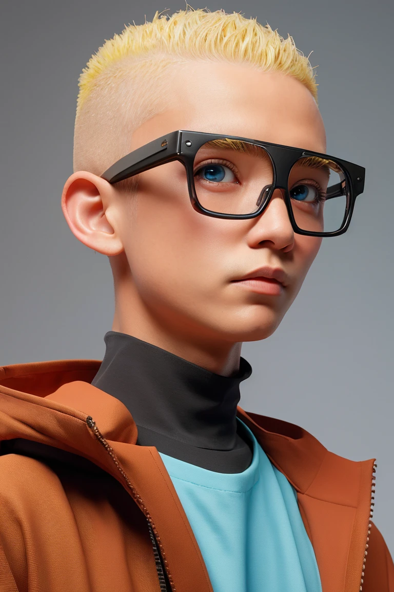 Blind Box,Simple Background,Extraordinary wide portrait of microscopic unknown little small 愛らしい cyberpunk alien species over orange tech style of high tech fashion professional photography, 8K, Blonde shaved head,Boy with glasses