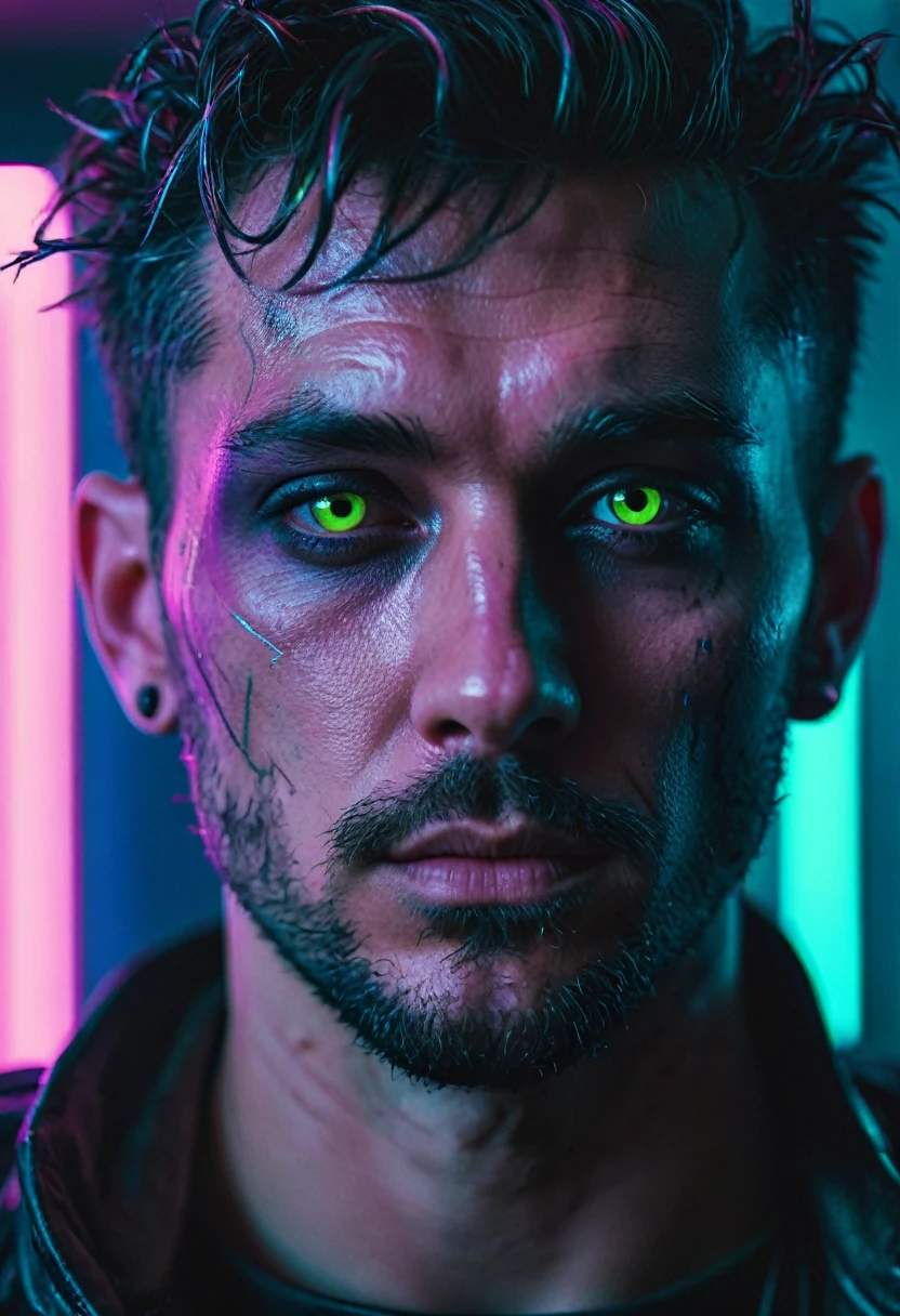macro crisp quality, close up portraint, of cyberpunk brutal man, in cyberpunk neon room, rough skin, look at a camera, glowing eyes, age 30, cinematic, dimmed colors, dark shot, muted colors, film grainy, lut, spooky