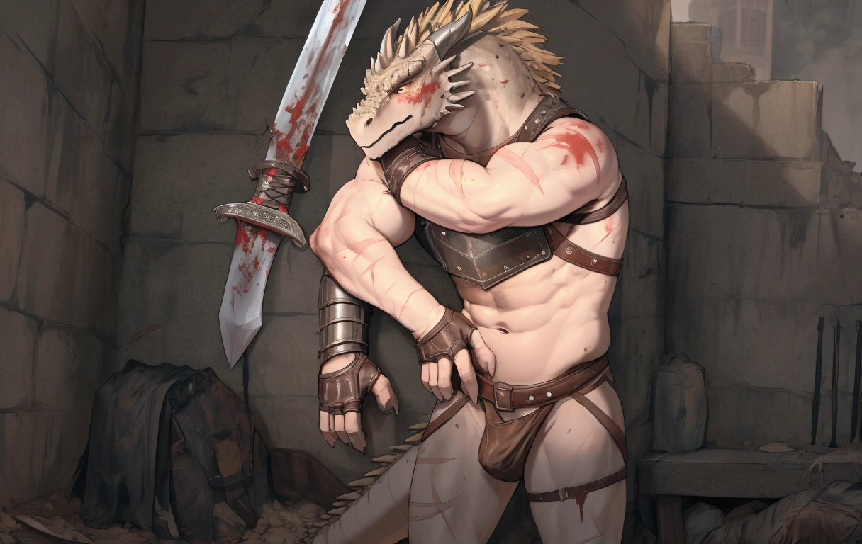 Solo Sexy young anthro scalie reptile dragon male mercenary medieval solider, tall and slim slimin hips muscular, anthro handsome gay shorter muzzle, handsome gay model male apperance, sword scars, worn out leather skimpy armament, low on hips heavy leather belt, old very worn out skimpy dirty linen material jockstrap, old yellow dirty worn out stains on white sawn jockstrap, very visible "x" brown seam pattern on the jockstrap, studded skimpy armlets breastplate armor, skimpy breastplate, leather bondages, fingerless leather gloves, blooded sword, blooded armor, blooded husk, smelly unwashed husk, dirty body look,