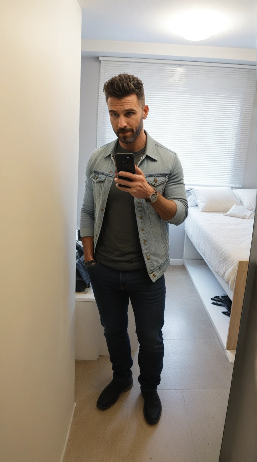 chiseled man standing in a room looking at his cell phone, wearing pants duplo, photo by full body, wearing a jeans jackets, wearing casual clothes, vestindo casual clothes, wearing jeans, standing in front of a mirror, outfit photo, dressed casually, casual clothes, wearing pants, double denim, jeans jacket, outfit photograph, selfie no espelho, wearing a shirt and jeans