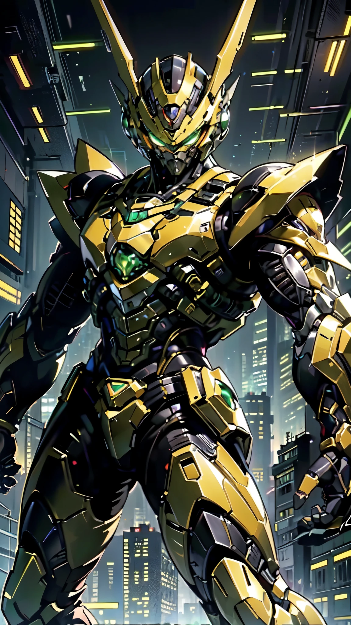 (masterpiece:1.5, best quality:1.5, extremely delicate:1.5, foreshortening:1.5, dynamic angle:1.5), a man wearing a full-face helmet, a fantasy-style biotech armored combat suit, green eyes, (a composite layered chest armor), fully enclosed shoulder guards, matching arm and leg guards, the belt is adorned with neon circuitry, (the color scheme is primarily black glow with green and red accents), the design balances heavy with agility, a high-tech bio-mecha armor, (Armor Concept Inspired by neon Cyberpunk, stand on the top of a skyscraper in a futuristic sci-fi city), this character embodies a finely crafted fantasy-surreal style armored hero in anime style, exquisite and mature manga art style, (element, plasma, energy, the armor glows), ((male:1.5)), metallic, high definition, highres, ultra-detailed, ultra-fine painting, professional, perfect body proportions, golden ratio, anatomically correct, symmetrical face, extremely detailed eyes and face, high quality eyes, creativity, RAW photo, UHD, 32k, Natural light, cinematic lighting, masterpiece-anatomy-perfect