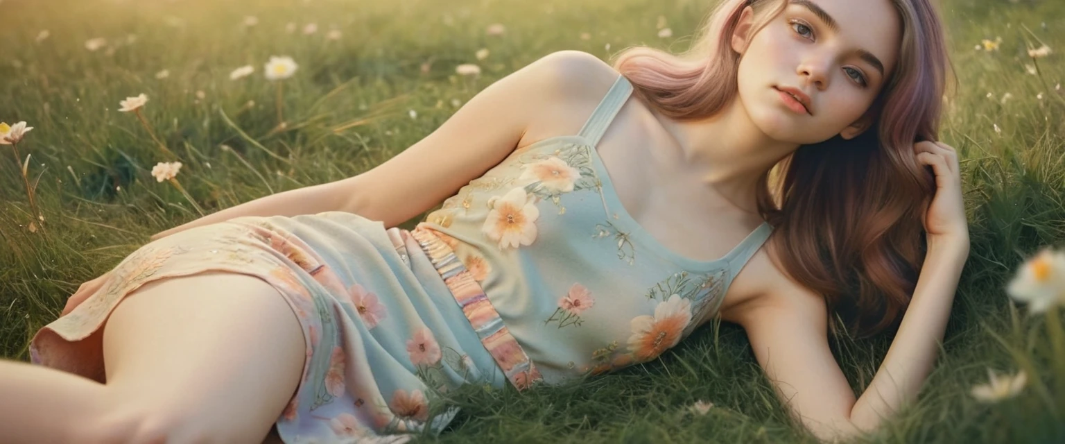 (Cinematic photo, facing the viewer:1.3) From (Thigh-length photos:1.3),(slim:1.2), ((light summer dress, flower pattern)) Beautiful 18 year old girl lying on the grass, (complex brown hair), Highly detailed texture кожи, realistic texture кожи, spread legs, thigs, buttocks, looks straight into the camera, (looks at the viewer) ), pout, small breasts, small buttocks, Shine, Dramatic, Dreamy, pastelный цветочный сад, elegant, strange, gentle, Highly detailed, difficult, UHD Digital Photography, Fantasy theme, narrow shoulders, spread legs, Photo to the knees , beautiful young girl, Beautiful body, highly detailed full-length shot, Dreamy, pastel, watercolor, strange, gentle, detailed hair band, Highly detailed texture, realistic texture, digital painting, highly detailed photo, (art deco: 1 .хFromоралFromм:1.3),(Classic realotm:1.3),(Fujifilm Superia:1.3),, golden hour light, ((BELLYBUTTON))