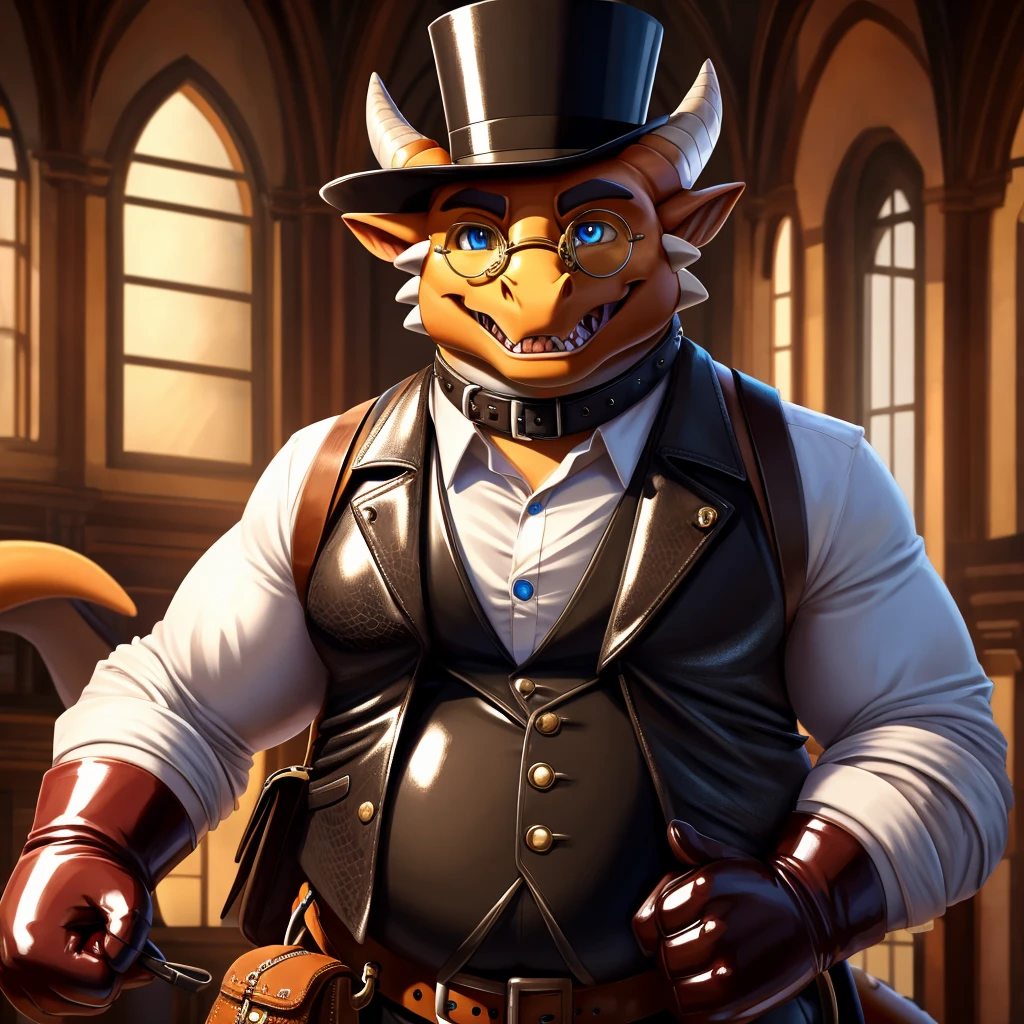 Solo, Male, fat, extremely obese, gentleman, dapper Professor Dragon, blue eyes, (posing:1.3), (soft shading), 4k, hi res, ((detailed face, detailed)), looking at viewer, mouth wide open, steampunk, collared shirt with buttons, top hat, male focus, Explorer Outfit, glasses, monocle, bag, vest with buttons, backpack, sleeves rolled up, round eyewear, brown headwear, brown vest, Dragon is wearing a glossy leather dog collar around the neck, Dragon is wearing the leather collar and shirt and vest at the same time, Dragon is wearing glossy white rubber gloves on the hands, wearing white rubber gloves on the feet, gloves are rubber in texture, clenching teeth, clenching fists, leather collar is glossy and shiny with a lot of detail, Dragon is wearing gloves and leather collar at the same time, leather collar has a round dog-tag, leather collar is thick and detailed.