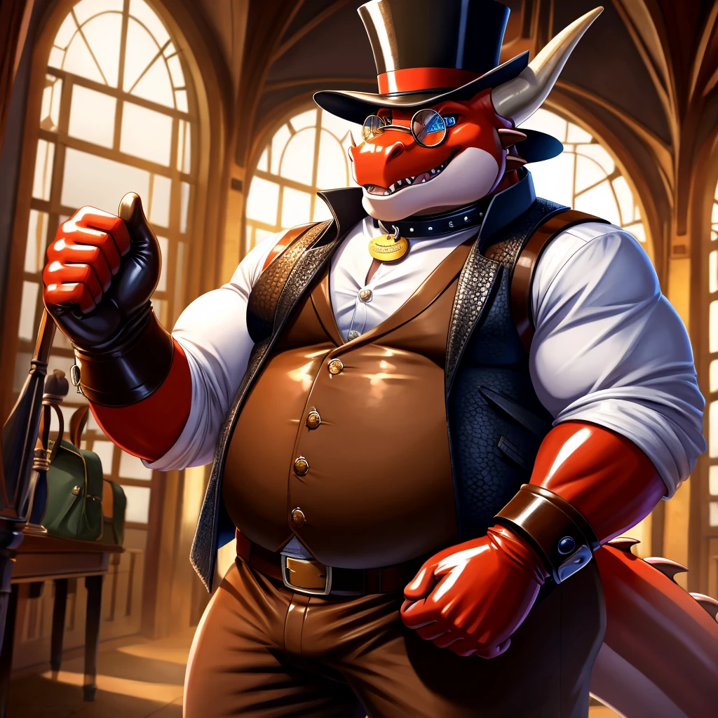 Solo, Male, fat, extremely obese, gentleman, dapper Professor Dragon, blue eyes, (posing:1.3), (soft shading), 4k, hi res, ((detailed face, detailed)), looking at viewer, mouth wide open, steampunk, collared shirt with buttons, top hat, male focus, Explorer Outfit, glasses, monocle, bag, vest with buttons, backpack, sleeves rolled up, round eyewear, brown headwear, brown vest, Dragon is wearing a glossy leather dog collar around the neck, Dragon is wearing the leather collar and shirt and vest at the same time, Dragon is wearing glossy white rubber gloves on the hands, wearing white rubber gloves on the feet, gloves are rubber in texture, clenching teeth, clenching fists, leather collar is glossy and shiny with a lot of detail, Dragon is wearing gloves and leather collar at the same time, leather collar has a round dog-tag, leather collar is thick and detailed.