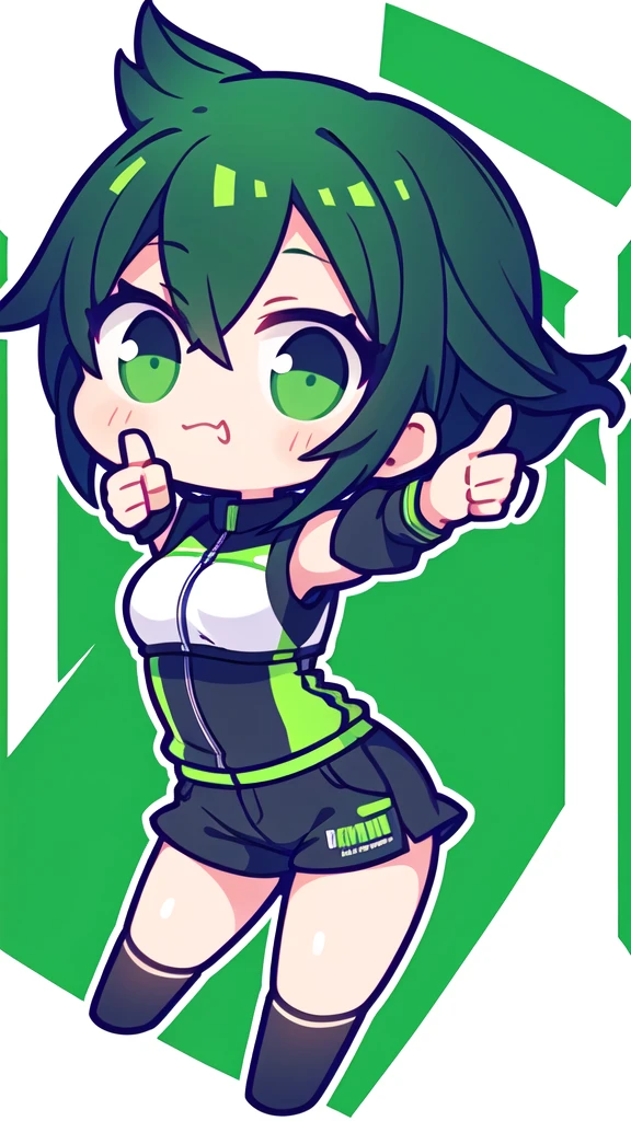 Logo of a girl with short black and green hair from a car customization company called Infortunio, wearing racing clothes and giving a thumbs up, alone and solitary.