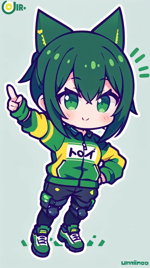 Logo of a girl with short black and green hair from a car customization company called Infortunio, wearing racing clothes and giving a thumbs up, alone and solitary.