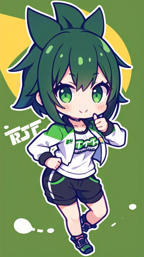 Logo of a girl with short black and green hair from a car customization company called Infortunio, wearing racing clothes and giving a thumbs up, alone and solitary.