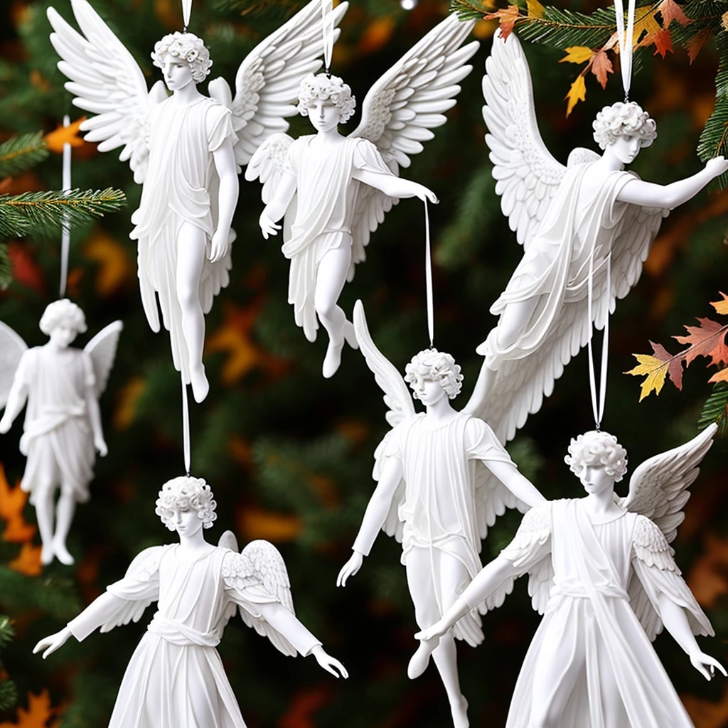 Two male angels falling from heaven, one has black wings and the other has white wings, they are wearing a transparent white velvet, they have autumn ornaments on their heads