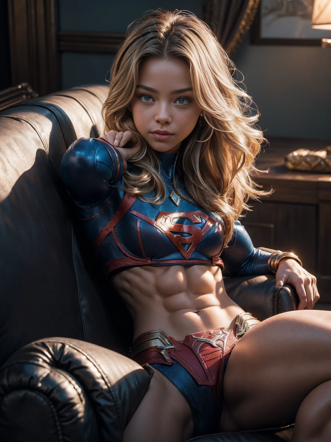fit Sydney Sweeney, sitting on sofa, (flexing bicep pose:1.4), long flowing blonde hair, blue eyes, seductively smiling, flirtatious, abs, Real Life, full bodyshot, (Ultra Realistic:1.4), Photorealism, Photography, 8K UHD, Photo, HDR, Complex and Elegant, Highly Detailed, Sharp Focus, Stunning, Beautiful, (Gorgeous: 1.2), Best Quality 1:1, Ultra Detail: 1.4, Best Shadows, (8k: 1.1), (beautiful detailed face), high contrast, (perfect lighting: 1.2), ((cinematic light)), colorful, hyper-detail, dramatic light, intricate detail, photograph by arny freytag, 21 years old, muscular, Supergirl