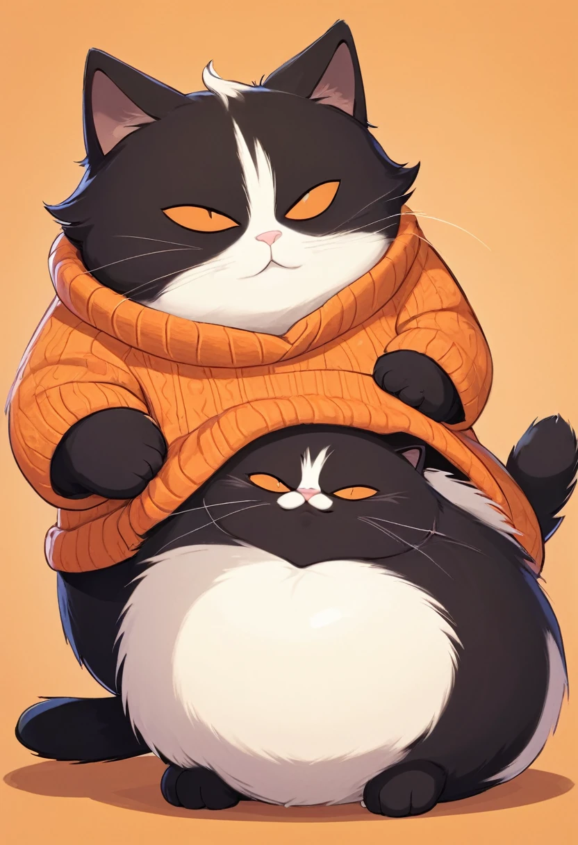Two furry cat characters, one is orange and the other are black, both of them use a sweater they are very fat and have a big belly they hugging their fur is fluffy