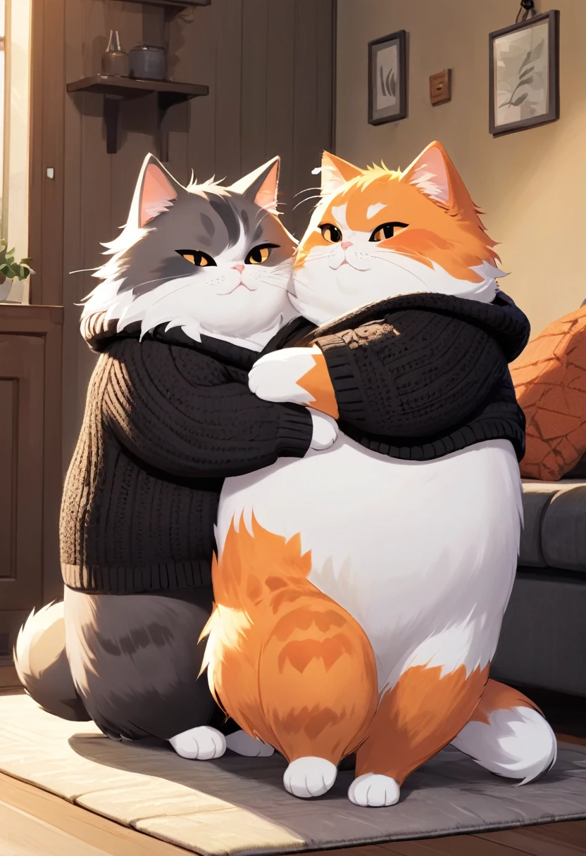 Two furry cat characters, one is orange and the other are black, both of them use a sweater they are very fat and have a big belly they hugging their fur is fluffy