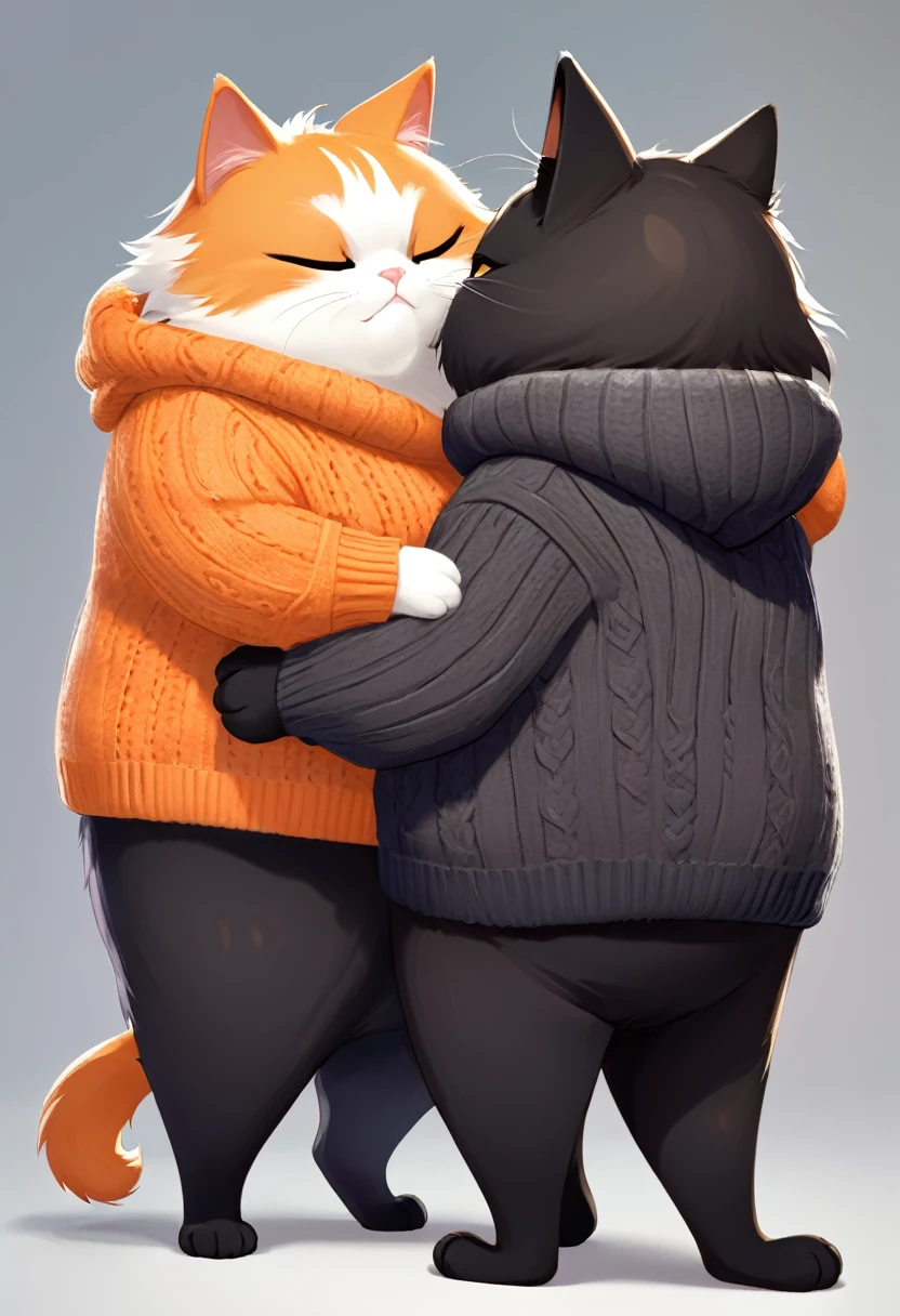 Two furry cat characters, one is orange and the other are black, both of them use a sweater they are very fat and have a big belly they hugging their fur is fluffy