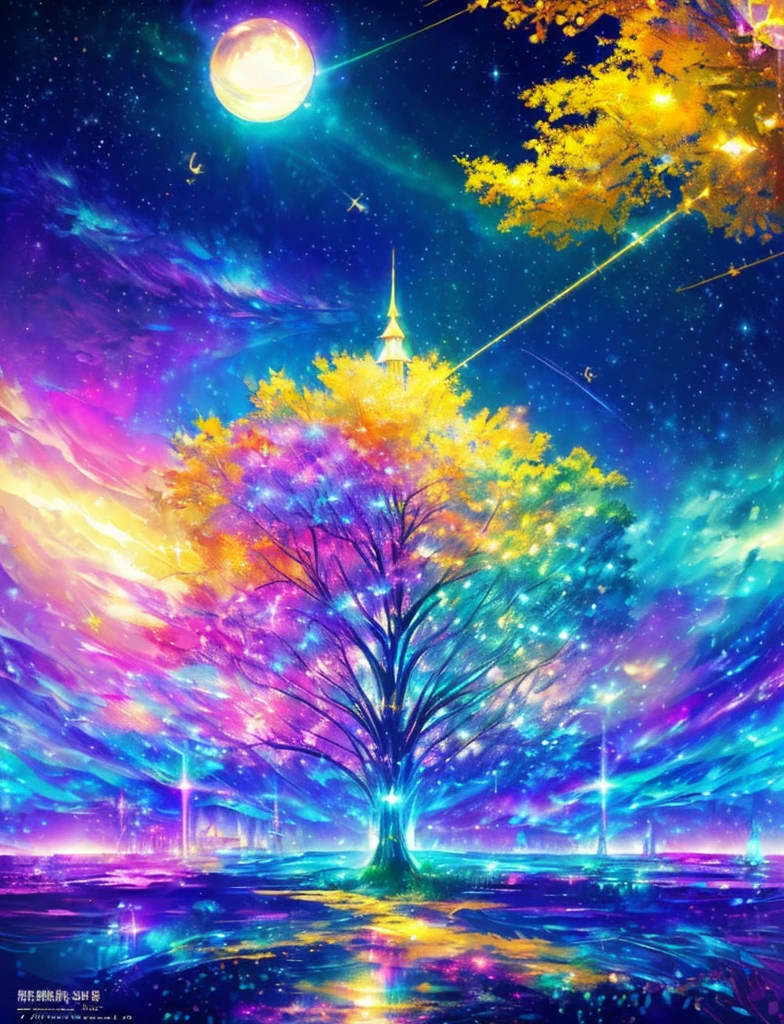 ((Supergiant pale yellow sun))((Subjective depiction of a profile looking up)、On a multicolored background、Iridescent空に星と月が描かれた川の絵、Shining skyscrapers、Shine overall、Concept art inspired by Tosa Mitsuoki、pixiv contest winners、Highest quality、Fantasy art、Beautiful anime scene、Bright Moon、moonlight star environment、Dream painting、Anime Background Art、Fantasy Landscape Painting、Fantasy Knight、Anime Background、Background artwork、wonderful芸術、Atmospheric anime、Starry Sky、Detail enhancement、, Vibrant colors, Rainbow and sunshine shining.16K, Ultra-high resolution, Iridescent、to be born,wonderful ,future、Iridescent、The world 30 years from now。