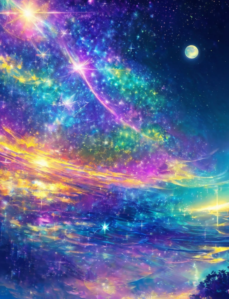 ((Supergiant pale yellow sun))((Subjective depiction of a profile looking up)、On a multicolored background、Iridescent空に星と月が描かれた川の絵、Shining skyscrapers、Shine overall、Concept art inspired by Tosa Mitsuoki、pixiv contest winners、Highest quality、Fantasy art、Beautiful anime scene、Bright Moon、moonlight star environment、Dream painting、Anime Background Art、Fantasy Landscape Painting、Fantasy Knight、Anime Background、Background artwork、wonderful芸術、Atmospheric anime、Starry Sky、Detail enhancement、, Vibrant colors, Rainbow and sunshine shining.16K, Ultra-high resolution, Iridescent、to be born,wonderful ,future、Iridescent、The world 30 years from now。