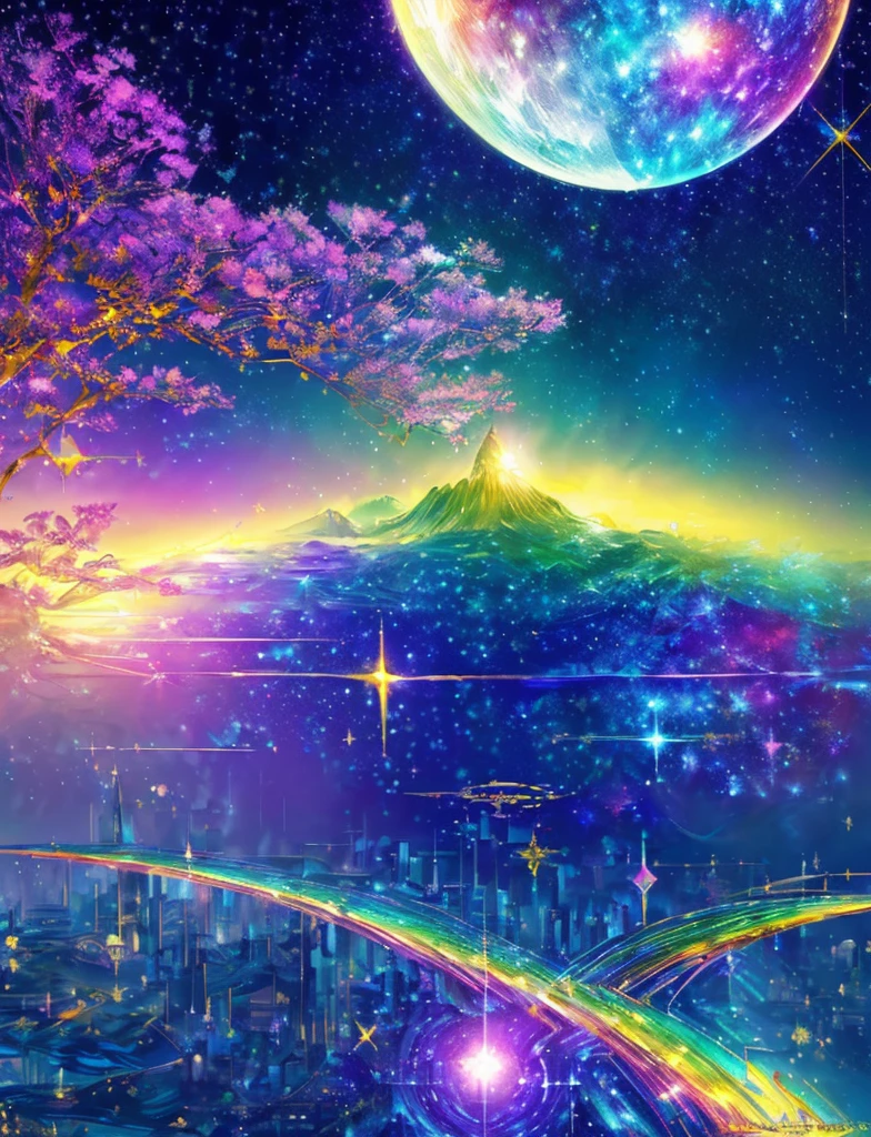 ((Supergiant pale yellow sun))((Subjective depiction of a profile looking up)、On a multicolored background、Iridescent空に星と月が描かれた川の絵、Shining skyscrapers、Shine overall、Concept art inspired by Tosa Mitsuoki、pixiv contest winners、Highest quality、Fantasy art、Beautiful anime scene、Bright Moon、moonlight star environment、Dream painting、Anime Background Art、Fantasy Landscape Painting、Fantasy Knight、Anime Background、Background artwork、wonderful芸術、Atmospheric anime、Starry Sky、Detail enhancement、, Vibrant colors, Rainbow and sunshine shining.16K, Ultra-high resolution, Iridescent、to be born,wonderful ,future、Iridescent、The world 30 years from now。