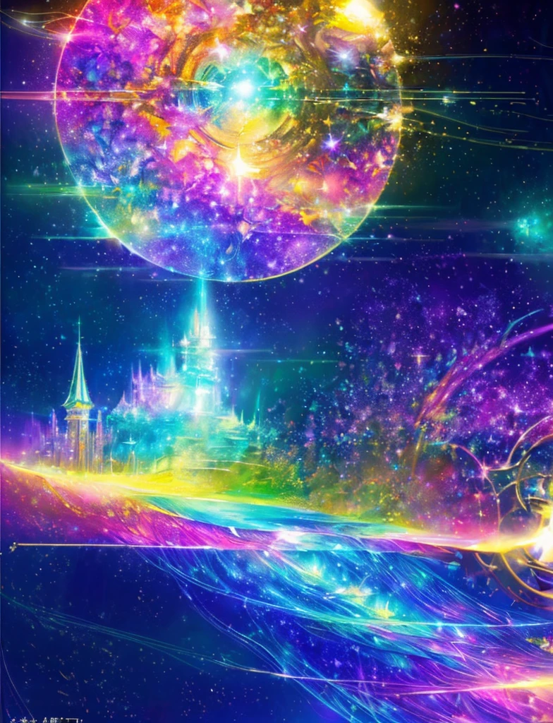 ((Supergiant pale yellow sun))((Subjective depiction of a profile looking up)、On a multicolored background、Iridescent空に星と月が描かれた川の絵、Shining skyscrapers、Shine overall、Concept art inspired by Tosa Mitsuoki、pixiv contest winners、Highest quality、Fantasy art、Beautiful anime scene、Bright Moon、moonlight star environment、Dream painting、Anime Background Art、Fantasy Landscape Painting、Fantasy Knight、Anime Background、Background artwork、wonderful芸術、Atmospheric anime、Starry Sky、Detail enhancement、, Vibrant colors, Rainbow and sunshine shining.16K, Ultra-high resolution, Iridescent、to be born,wonderful ,future、Iridescent、The world 30 years from now。