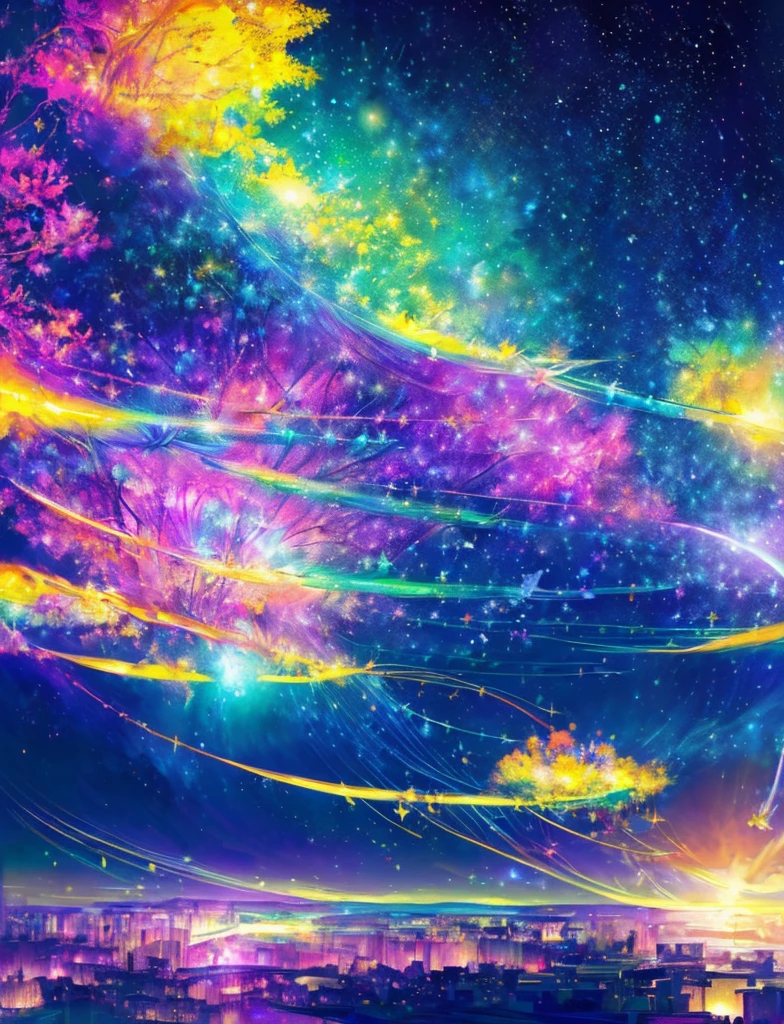 ((Supergiant pale yellow sun))((Subjective depiction of a profile looking up)、On a multicolored background、Iridescent空に星と月が描かれた川の絵、Shining skyscrapers、Shine overall、Concept art inspired by Tosa Mitsuoki、pixiv contest winners、Highest quality、Fantasy art、Beautiful anime scene、Bright Moon、moonlight star environment、Dream painting、Anime Background Art、Fantasy Landscape Painting、Fantasy Knight、Anime Background、Background artwork、wonderful芸術、Atmospheric anime、Starry Sky、Detail enhancement、, Vibrant colors, Rainbow and sunshine shining.16K, Ultra-high resolution, Iridescent、to be born,wonderful ,future、Iridescent、The world 30 years from now。