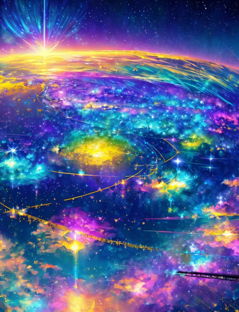 ((Supergiant pale yellow sun))((Subjective depiction of a profile looking up)、On a multicolored background、Iridescent空に星と月が描かれた川の絵、Shining skyscrapers、Shine overall、Concept art inspired by Tosa Mitsuoki、pixiv contest winners、Highest quality、Fantasy art、Beautiful anime scene、Bright Moon、moonlight star environment、Dream painting、Anime Background Art、Fantasy Landscape Painting、Fantasy Knight、Anime Background、Background artwork、wonderful芸術、Atmospheric anime、Starry Sky、Detail enhancement、, Vibrant colors, Rainbow and sunshine shining.16K, Ultra-high resolution, Iridescent、to be born,wonderful ,future、Iridescent、The world 30 years from now。
