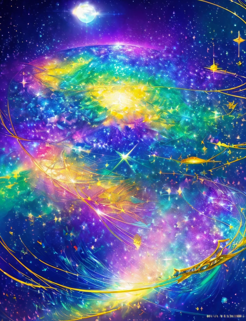 ((Supergiant pale yellow sun))((Subjective depiction of a profile looking up)、On a multicolored background、Iridescent空に星と月が描かれた川の絵、Shining skyscrapers、Shine overall、Concept art inspired by Tosa Mitsuoki、pixiv contest winners、Highest quality、Fantasy art、Beautiful anime scene、Bright Moon、moonlight star environment、Dream painting、Anime Background Art、Fantasy Landscape Painting、Fantasy Knight、Anime Background、Background artwork、wonderful芸術、Atmospheric anime、Starry Sky、Detail enhancement、, Vibrant colors, Rainbow and sunshine shining.16K, Ultra-high resolution, Iridescent、to be born,wonderful ,future、Iridescent、The world 30 years from now。