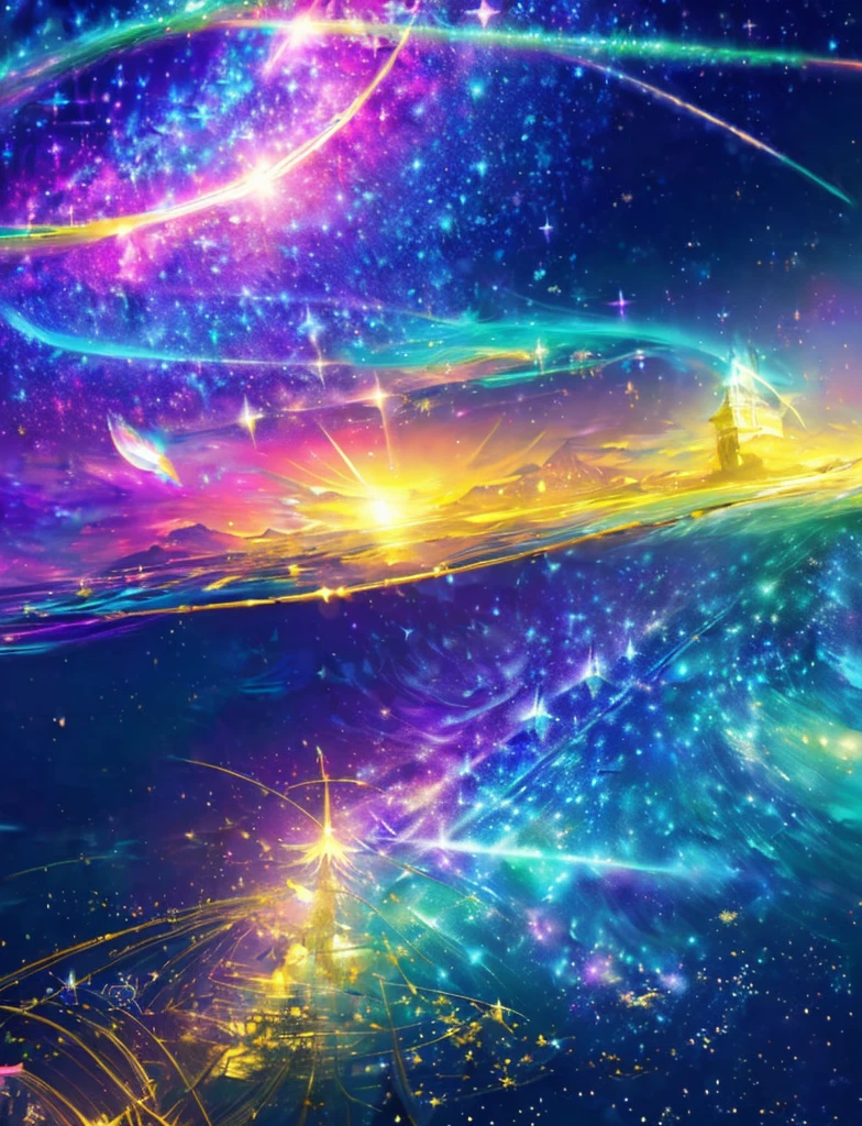 ((Supergiant pale yellow sun))((Subjective depiction of a profile looking up)、On a multicolored background、Iridescent空に星と月が描かれた川の絵、Shining skyscrapers、Shine overall、Concept art inspired by Tosa Mitsuoki、pixiv contest winners、Highest quality、Fantasy art、Beautiful anime scene、Bright Moon、moonlight star environment、Dream painting、Anime Background Art、Fantasy Landscape Painting、Fantasy Knight、Anime Background、Background artwork、wonderful芸術、Atmospheric anime、Starry Sky、Detail enhancement、, Vibrant colors, Rainbow and sunshine shining.16K, Ultra-high resolution, Iridescent、to be born,wonderful ,future、Iridescent、The world 30 years from now。