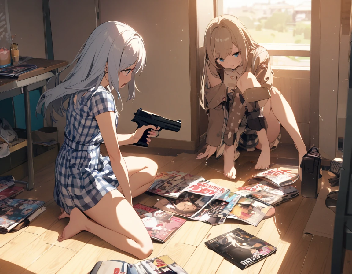 Beautiful girl shooting a gun、Changing magazines、Blue and white checked dress、barefoot、Military boots、 shoots her friend