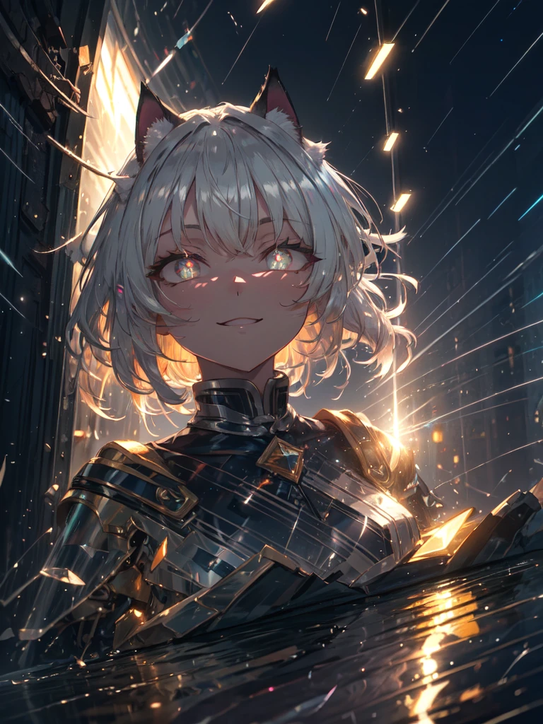 hair over shoulder, wavy hair, hair strand, shiny hair, blonde hair, eye reflection, glowing eyes, slit pupils, amber eyes, cat ears, smile, blush, glint, happy, anime, anime style, En plein air, high detail, cinematic lighting, ray tracing, reflection light, masterpiece, accurate, anatomically correct, super detail, high details, high quality, best quality, highres, 4K
