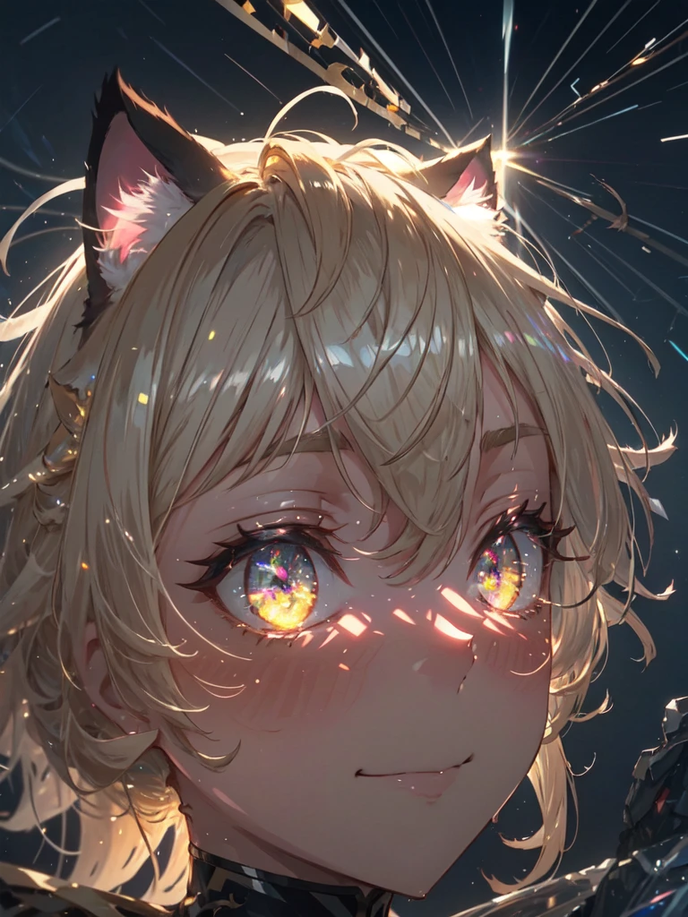 hair over shoulder, wavy hair, hair strand, shiny hair, blonde hair, eye reflection, glowing eyes, slit pupils, amber eyes, cat ears, smile, blush, glint, happy, anime, anime style, En plein air, high detail, cinematic lighting, ray tracing, reflection light, masterpiece, accurate, anatomically correct, super detail, high details, high quality, best quality, highres, 4K