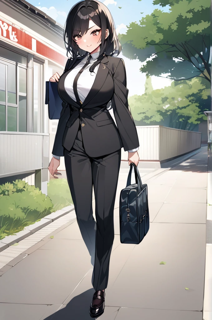 Demon woman, big breasts, tomboy style, long black hair,Dressed in a Japanese , holding a Japanese school bag, walking to a high school