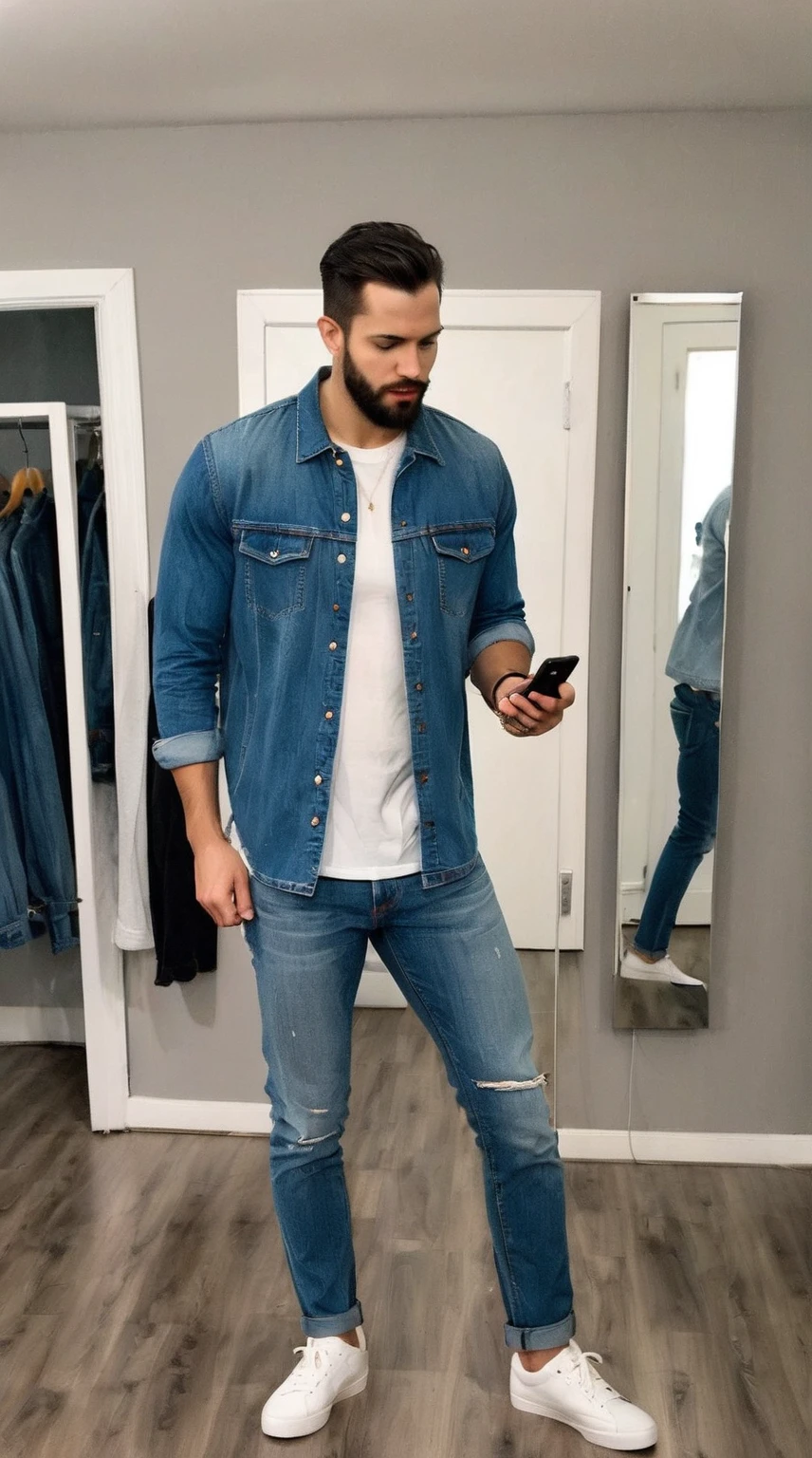 chiseled man standing in a room looking at his cell phone, wearing pants duplo, photo by full body, wearing a jeans jackets, wearing casual clothes, vestindo casual clothes, wearing jeans, standing in front of a mirror, outfit photo, dressed casually, casual clothes, wearing pants, double denim, jeans jacket, outfit photograph, selfie no espelho, wearing a shirt and jeans